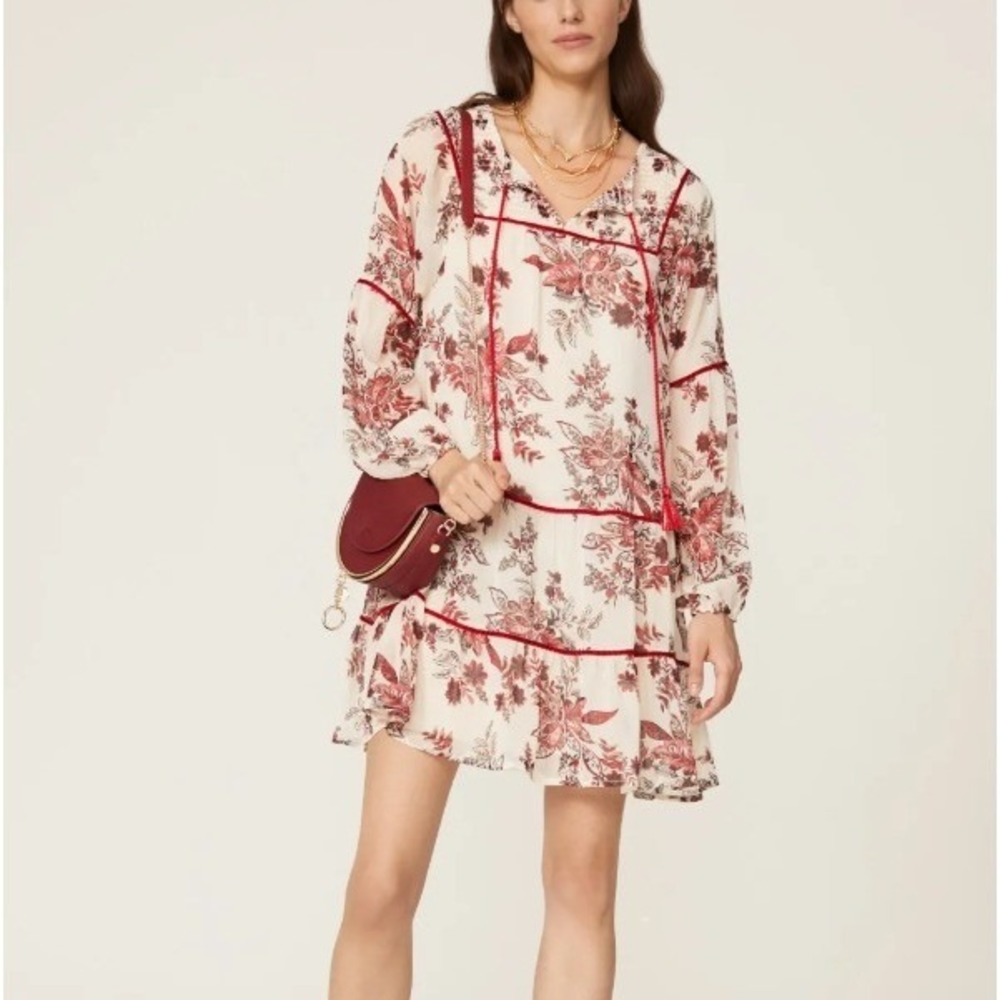 Great Jones Floral Sheer Lined Shift Dress Womens S Cream Burgundy Boho Festival